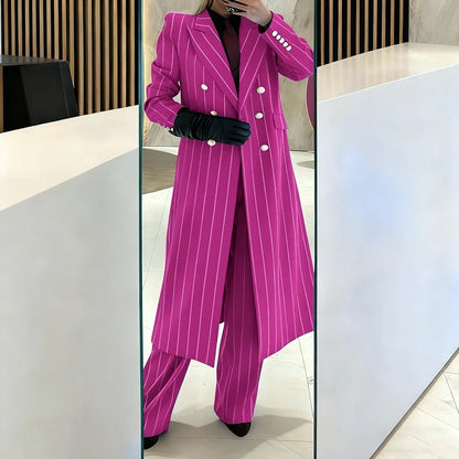 Burgundy Women's Suits Pinstripe Double Breasted Peaked Lapel Long Coat+Pants Set Elegant Formal Office Evening Party Outfit
