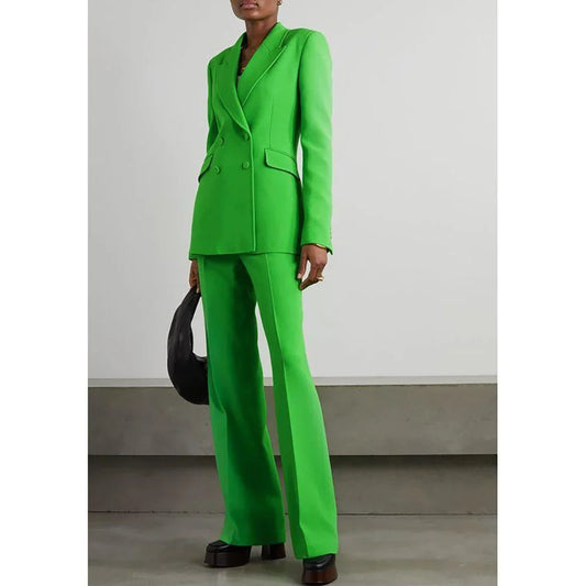 Fluorescent Green Double Breasted Women Pants Set High-end Female Two Pieces(Jacket+Trousers)أطقم بناطيل
