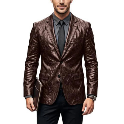 Vintage Wrinkled Men's PU Leather Blazer Slim Fit Notched Lapel Business Suit Jacket Two Button Casual Sport Coats for Office