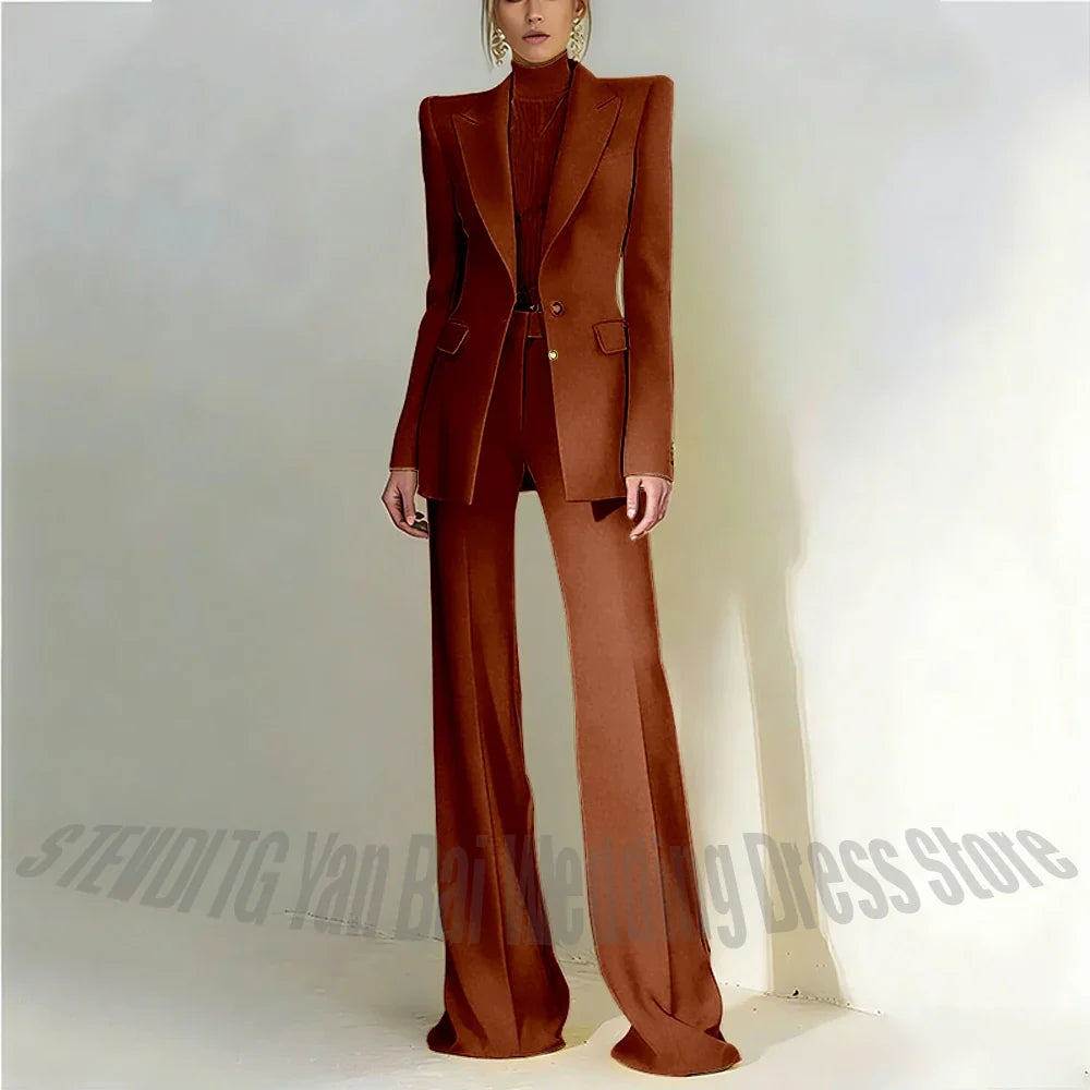Women Pant Suit 2 Piece Set Office Female Business Work Formal Jacket Trouser One Button Chic Yellow Peaked Lapel Elegant Suit