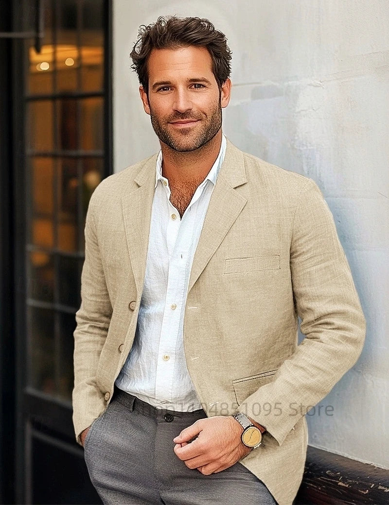 Beige Men Suit Linen Blazers Jackets Wedding Casual Suit Designer Coats New Spring Summer Formal Wear Slim Fit Daily Blazers