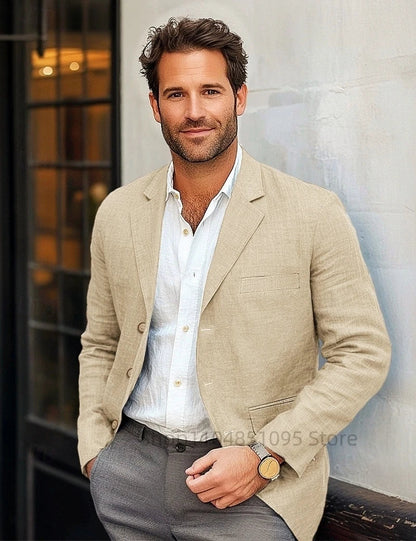 Beige Men Suit Linen Blazers Jackets Wedding Casual Suit Designer Coats New Spring Summer Formal Wear Slim Fit Daily Blazers