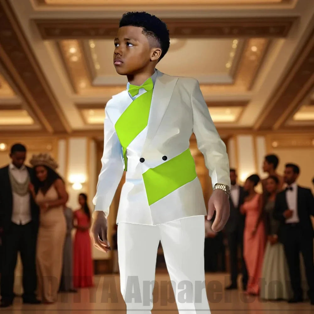 Boys Color Block 2 Piece Suit Set Double Breasted Blazer with Pants Formal Wedding Party Prom Attire Stylish Children's Suit