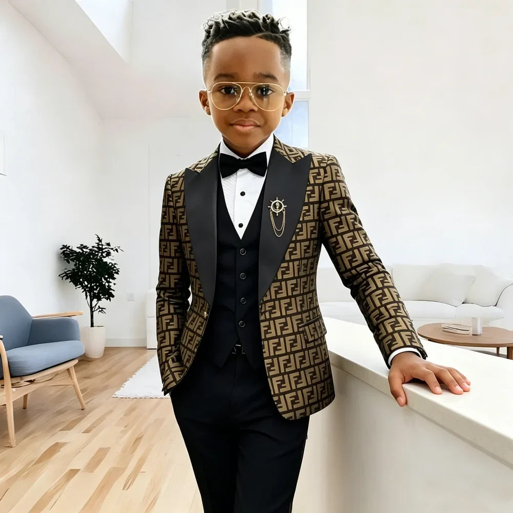 Fashion Floral Boys Suit 3 Pieces Wedding Tuxedos Single Breasted Formal Jacket Vest Pants Kids Blazer Set Slim Fit Child Outfit