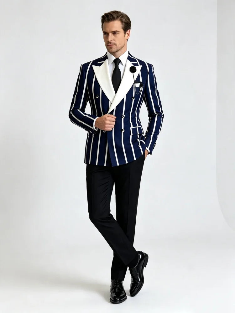 Men's Slim Fit Business Blazer Double Navy Breasted Strip Decor Lapel Flower Brooch Formal Suit Jacket Wedding Groom Work Party