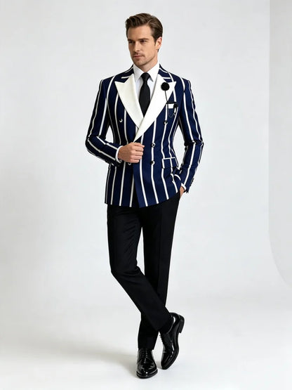 Men's Slim Fit Business Blazer Double Navy Breasted Strip Decor Lapel Flower Brooch Formal Suit Jacket Wedding Groom Work Party