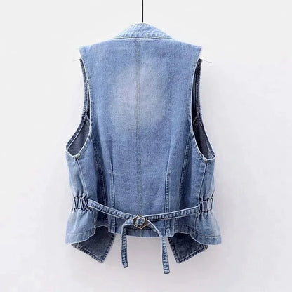 2025 Femme Cowboy Vest Outwear Spring Women Fashion Large Size 5XL Denim Waistcoat Coat Ladies Double-breasted Sleeveless Jacket