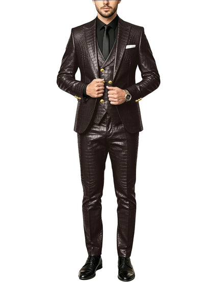 Men's 3 Piece Suit Crocodile Pattern Prime PU Leather Single Breasted Gold Buttons Slim Fit Wedding Dinner Party Formal Outfit ﻿