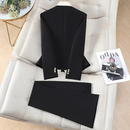 Elegant Chic Hit Color Blazer Pants Set for Woman 2 Pieces Sets Autumn Office Lady Work Jacket Coat and Trousers Suit White
