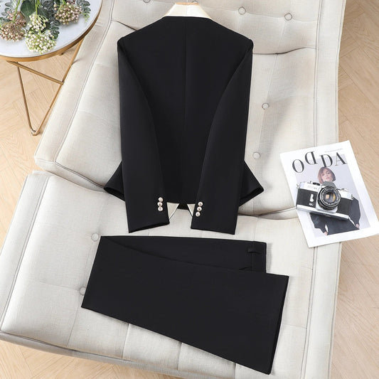 Elegant Chic Hit Color Blazer Pants Set for Woman 2 Pieces Sets Autumn Office Lady Work Jacket Coat and Trousers Suit White