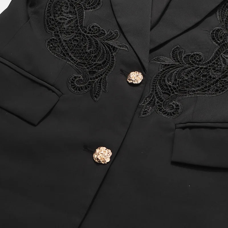 2026 Spring New Women Light Luxury Blazer High-End Lace Patchwork Hollow Out Waist Cinching Slim Fit Elegant Jacket HK18570
