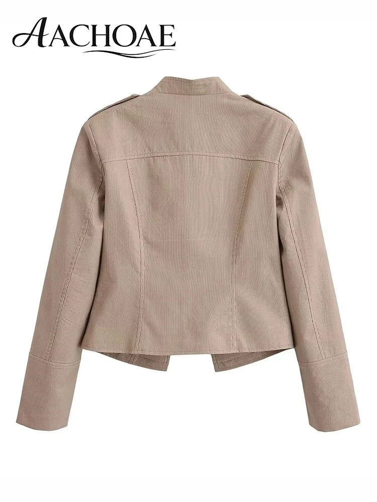 Women Military Style Cropped Blazer Jacket Gold Button Slim Short Suit Coat Stand Collar Elegant Office Lady Outerwear
