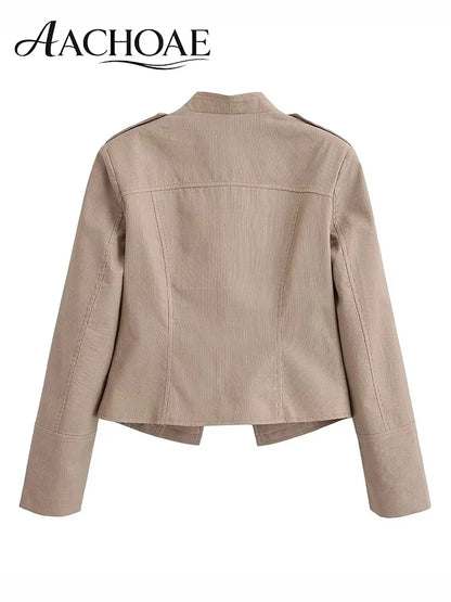 Women Military Style Cropped Blazer Jacket Gold Button Slim Short Suit Coat Stand Collar Elegant Office Lady Outerwear
