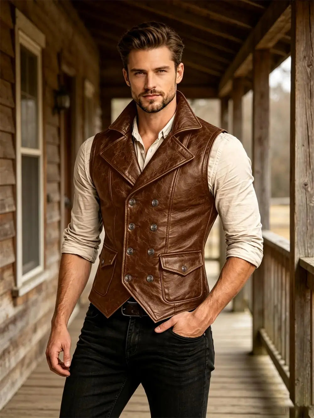 Men's Faux Leather Waistcoat Vintage Double Breasted Slim Fit Vest for Casual & Streetwear