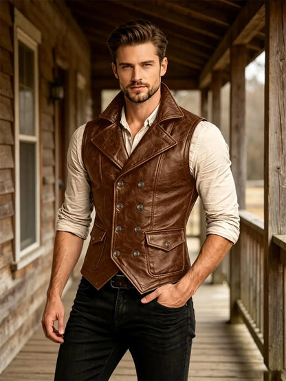 Men's Faux Leather Waistcoat Vintage Double Breasted Slim Fit Vest for Casual & Streetwear