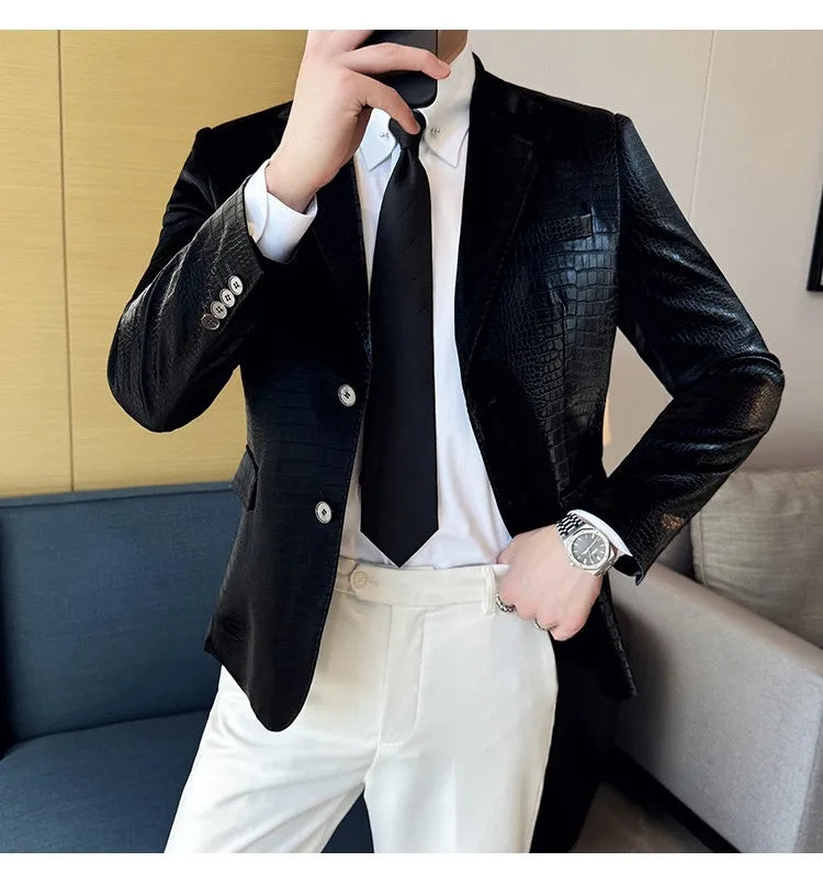 2026 Crocodile Patterned Leather Suit Jacket Men Slim Fit Business Casual Leather Jacket Wedding Groom Party Work Men Blazers