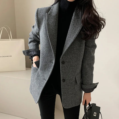 Women's Slim Fit Blazer Autumn Mid-Length Lapel Coat Contrast Cuff Detail Elegant Office & Commute Outerwear