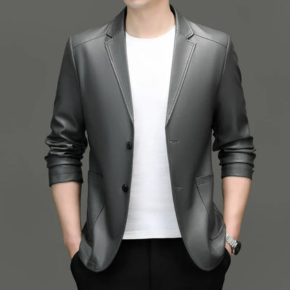 Spring/Summer New Men's Suit Collar Leather Jacket for Business and Casual Wear PU Leather Jacket for Middle-aged Men's Business