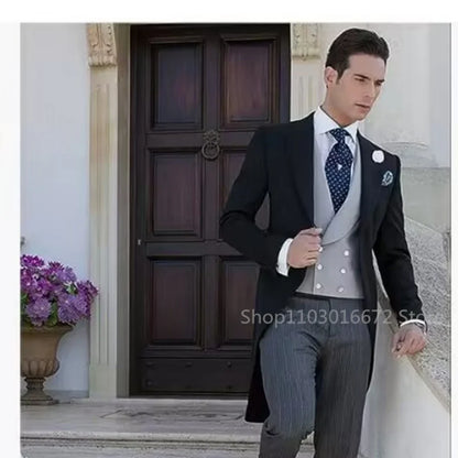 Men's 3-Piece Long-Tail Blazer Tuxedo Smoking Suit for Wedding Party Fashionable Male Jacket Coat Casual Formal Wear