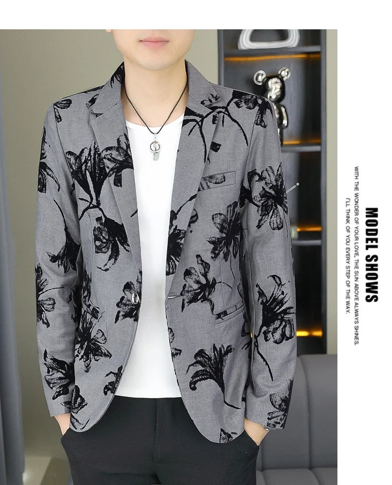 Blazer Men's Fashion Gentleman Business Outdoor Travel Print Wedding Slim-fit Korean Trend Handsome Youth Casual Blazer
