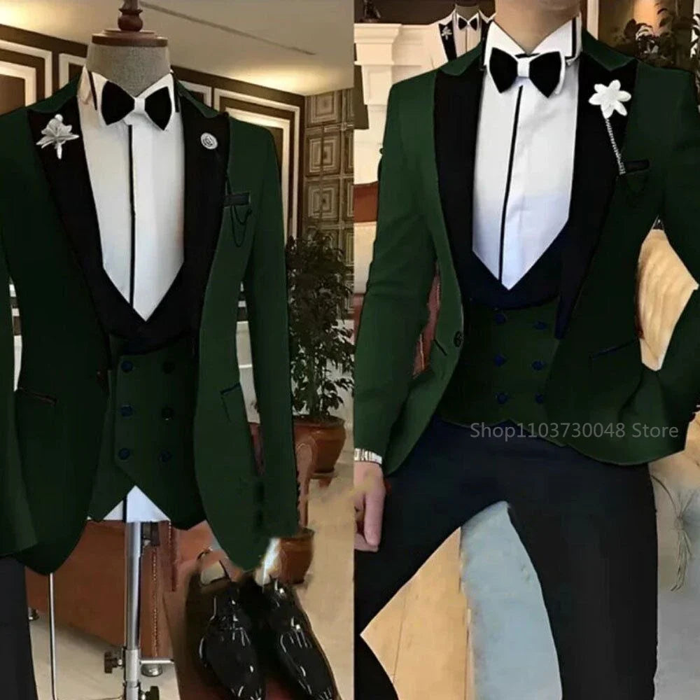 Latest Solid Formal Men's Wedding Suit Slim Fit Elegant Groom Tuxedos Business Party Suits 3 Pieces Sets (Jacket+Vest+Pants)