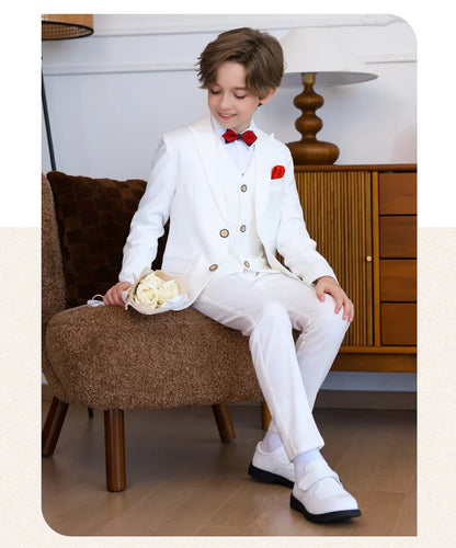 Boys Pure Pink Jacket Vest Pants Bowtie+Pocket Cloth 5pcs Wedding Birthday Outfit Kids Formal Piano Host Performance Costume