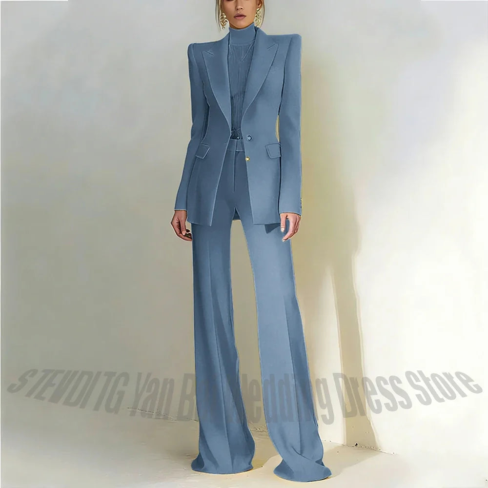 Women Pant Suit 2 Piece Set Office Female Business Work Formal Jacket Trouser One Button Chic Yellow Peaked Lapel Elegant Suit