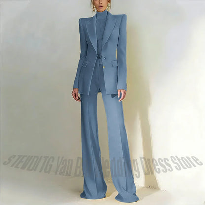Women Pant Suit 2 Piece Set Office Female Business Work Formal Jacket Trouser One Button Chic Yellow Peaked Lapel Elegant Suit