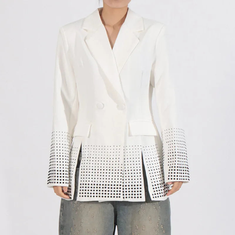 2026 Spring Autumn New Women's Blazer Notched Collar Double Breasted Split Studded Diamonds High-end Elegant Jacket HK18785