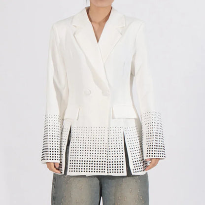 2026 Spring Autumn New Women's Blazer Notched Collar Double Breasted Split Studded Diamonds High-end Elegant Jacket HK18785