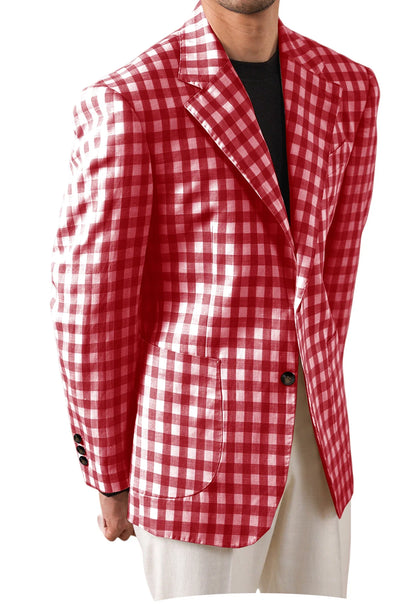 Men's Checkered Cotton Blazer Notched Lapel Single-Breasted Casual Business Summer Sport Coat with Patch Pockets