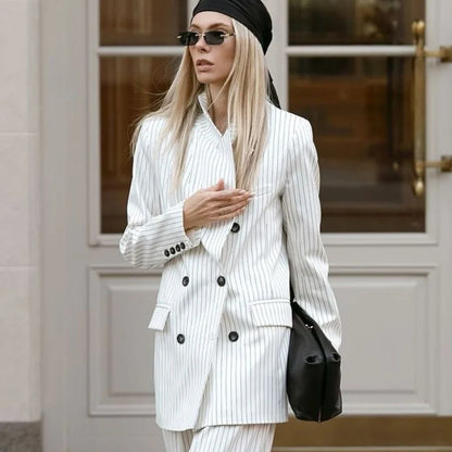 New Striped Women's 2 Piece Suit Set Formal Office Pantsuit Peaked Lapel Straight Blazer+Trousers Business Casual Daily Workwear
