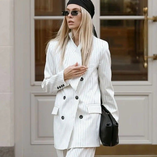 New Striped Women's 2 Piece Suit Set Formal Office Pantsuit Peaked Lapel Straight Blazer+Trousers Business Casual Daily Workwear