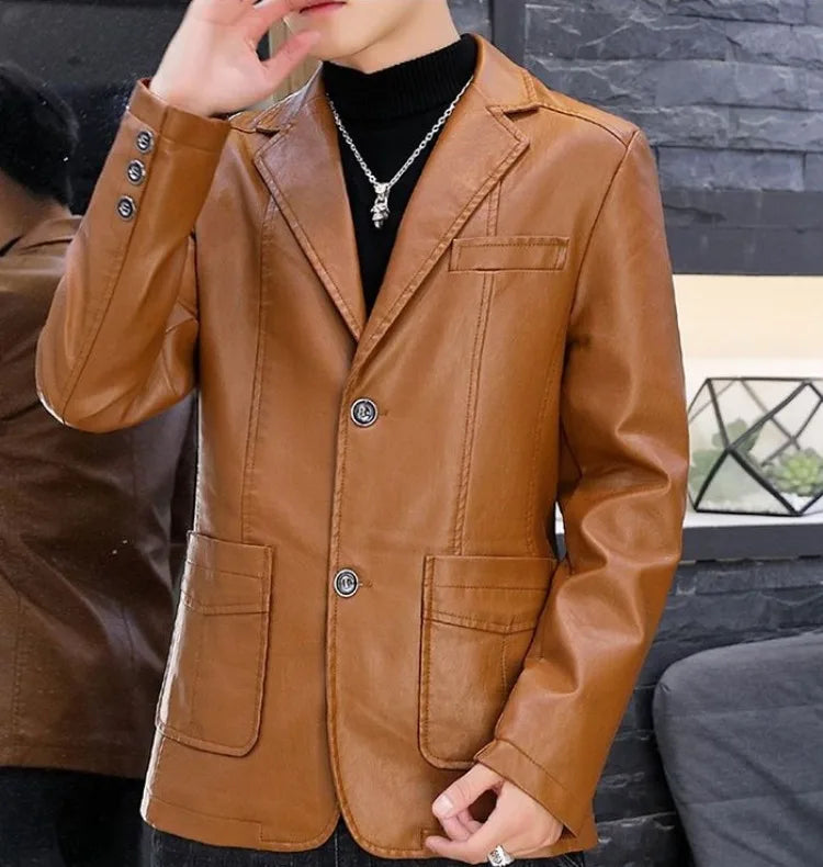 Men's Faux Leather Blazer Jacket Autumn Winter Warm Fleece Lined Casual Versatile Outerwear