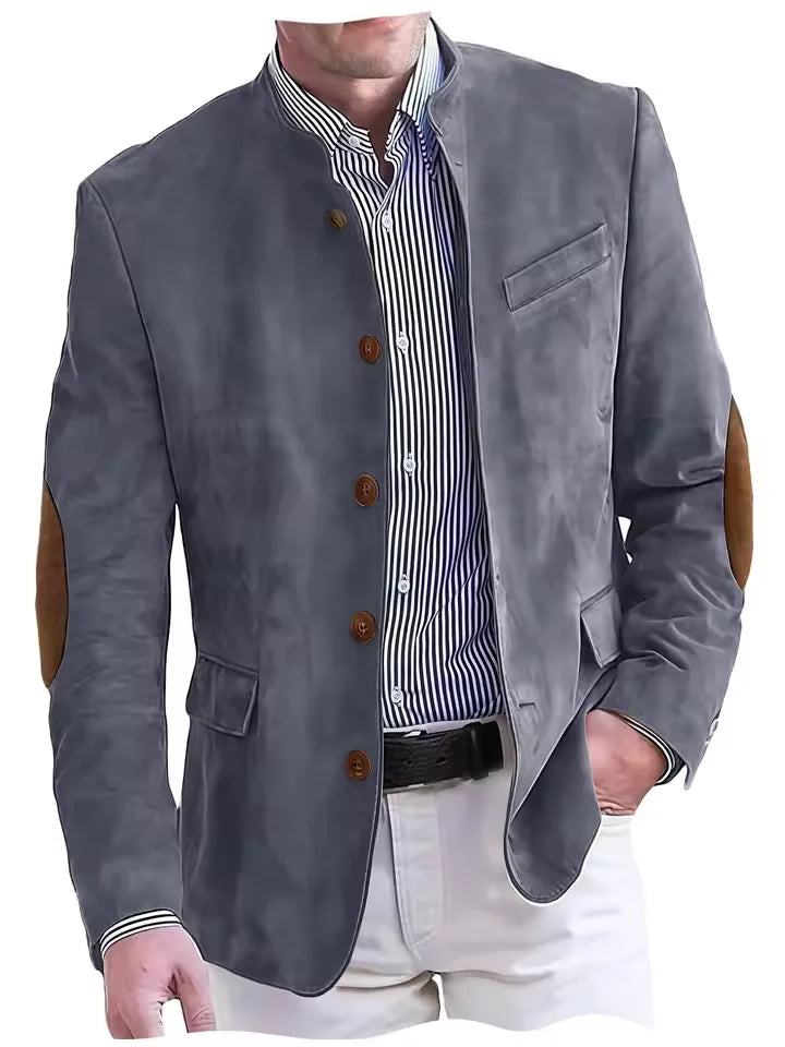Vintage Men's Suede Blazer Elbow Patch Slim Fit Mandarin Collar Textured Fabric Jacket Business Casual Wedding Party Coat