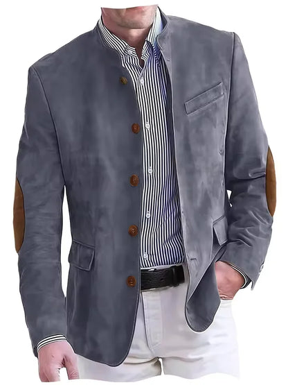 Vintage Men's Suede Blazer Elbow Patch Slim Fit Mandarin Collar Textured Fabric Jacket Business Casual Wedding Party Coat