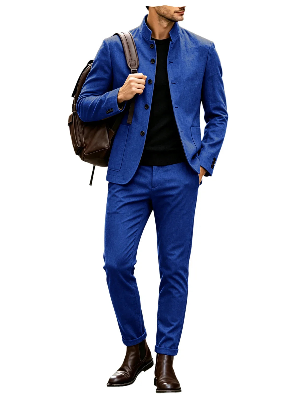 Men Stand Collar Linen Blazer Set Slim Fit 2 Pieces Jacket Pants Breathable Wrinkle‑Resistant Vintage Casual Business Outerwear