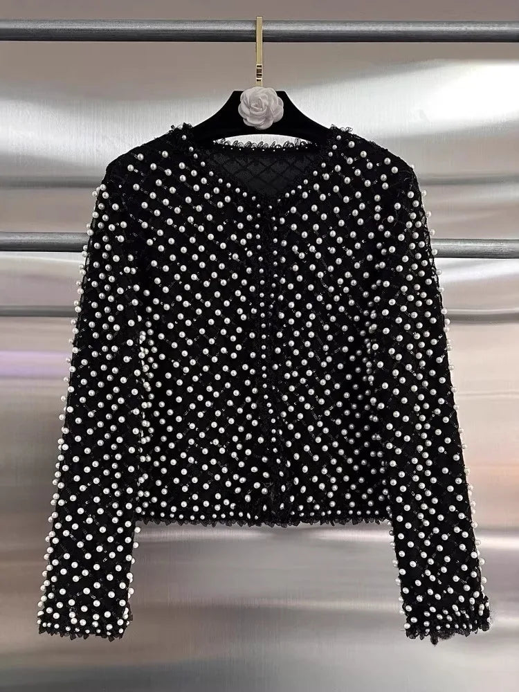 High Street Embroidered Flares Patchwork Mesh Jacket Long-sleeved O-Neck Slim-fit Pearl Jackets 2026 Women Coat 2026 New