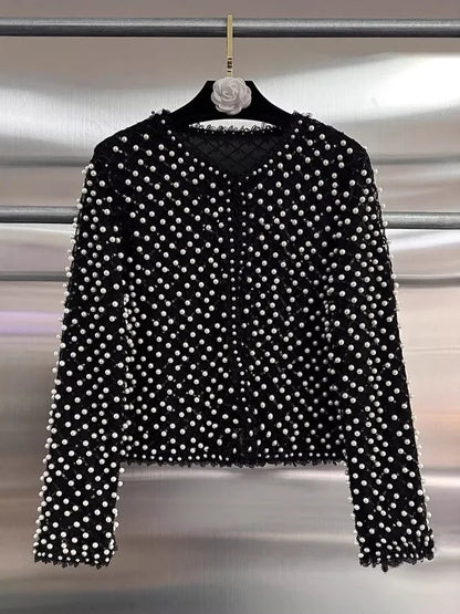 High Street Embroidered Flares Patchwork Mesh Jacket Long-sleeved O-Neck Slim-fit Pearl Jackets 2026 Women Coat 2026 New