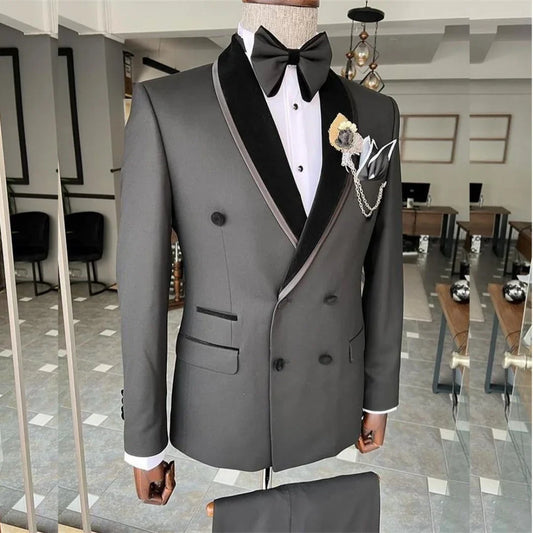 Double Breasted Men Suits Black Shawl Lapel Hombres Terno Wedding Prom Groom Casual Two Piece Jacket Pants Vestido De Novia