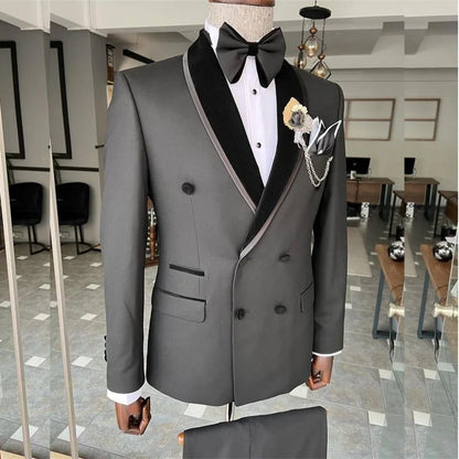 Double Breasted Men Suits Black Shawl Lapel Hombres Terno Wedding Prom Groom Casual Two Piece Jacket Pants Vestido De Novia
