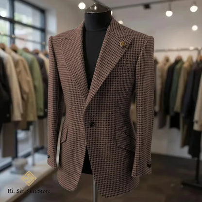 Houndstooth Blazer Men Slim Fit Plaid Suit Jacket Tuxedo One Button Peak Lapel Business Casual Wedding Prom Sport Coats Hot Sale