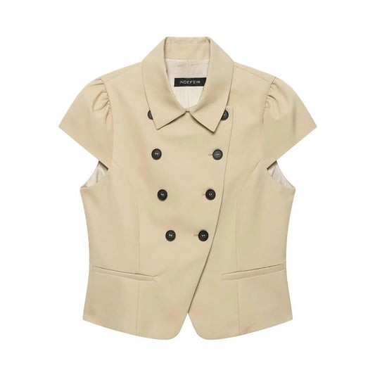 Women Double Breasted Blazer Summer New Short Sleeve Turn Down Collar Slim Fit Jacket Elegant Office Lady Cropped Outerwear