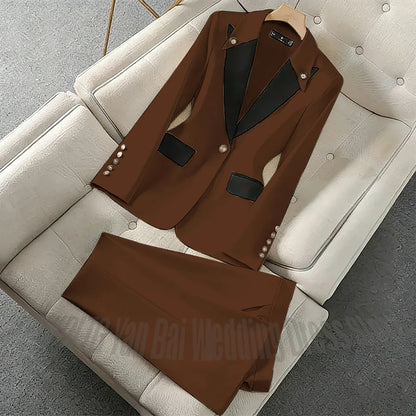 New Unique Women Pant Suit Contrast Color Modern Outfit One-Button Peaked Lapel Casual Fashion Daily Female Clothes Set 2 Piece