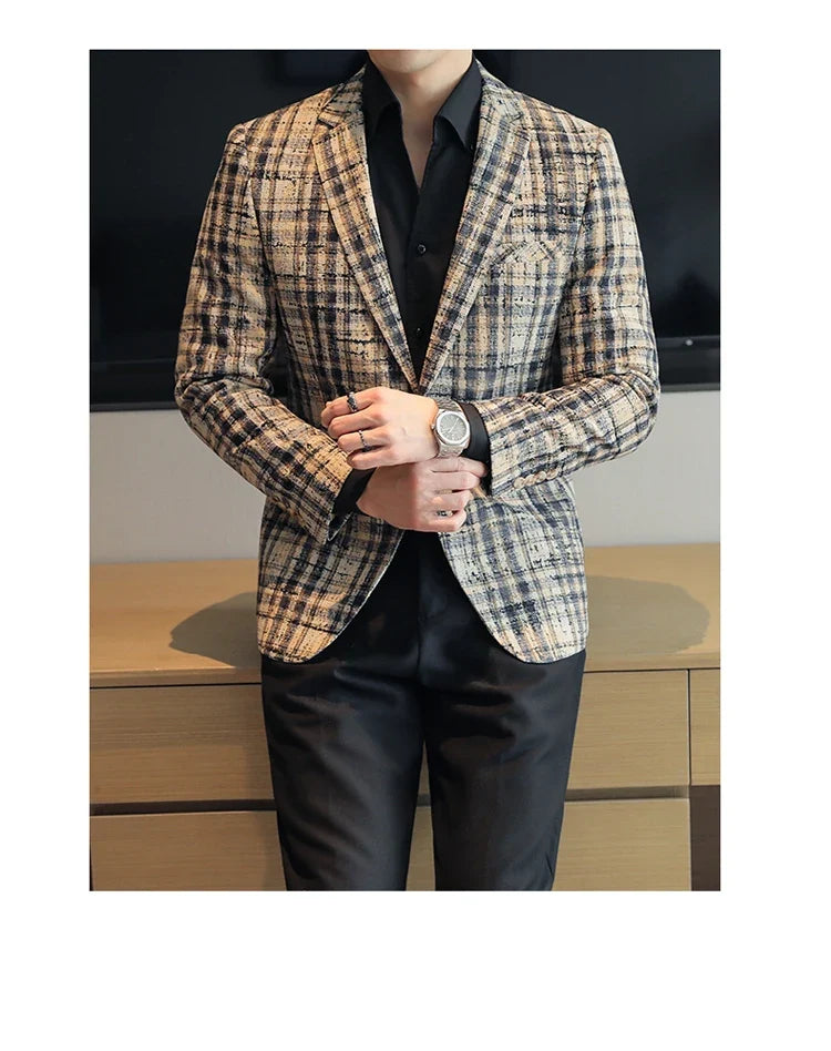 British Style Plaid Woven Casual Suit Jacket for Men Slim Fit Business Social Dress Coats Wedding Party Banquet Office Blazers