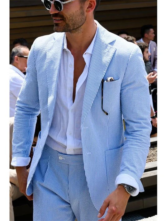 2 pièces costume homme bleu ciel seersucker, revers cranté, pour l'été, les loisirs, la plage, veste+pantalon, pour marié ou smoking de mariage