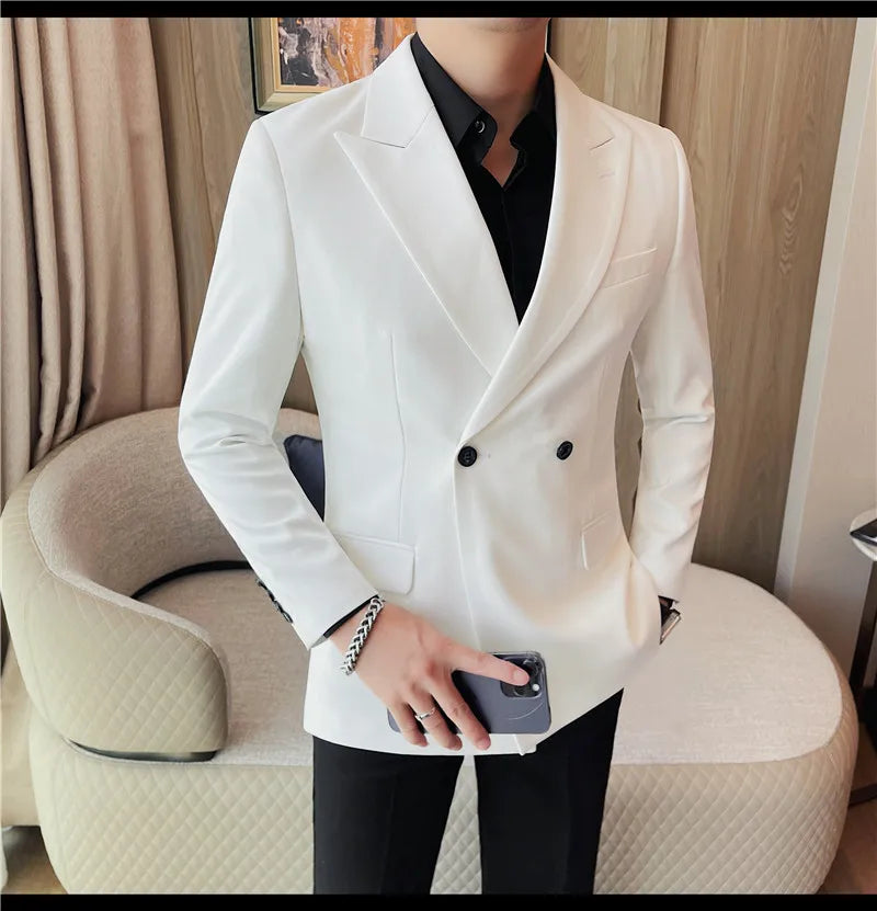 British Style Double Breasted Blazer Jackets Men High Quality Casual Business Suit Jacket Slim Business Wedding Groom Dress