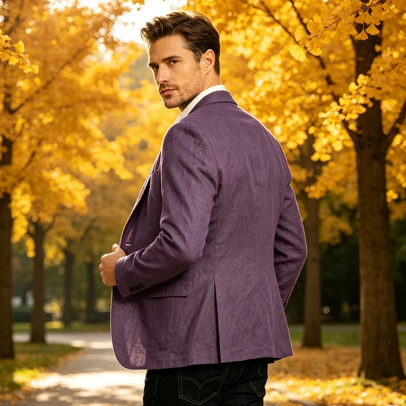 Men's Linen Blazer Notch Lapel Two-Button Sport Coat for Wedding and Daily Wear