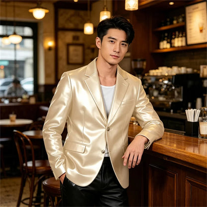 Men's Faux Leather Blazer Single Breasted Slim Jacket Fit Formal Outer Jacket for Business Wedding Party Business Daily Wear