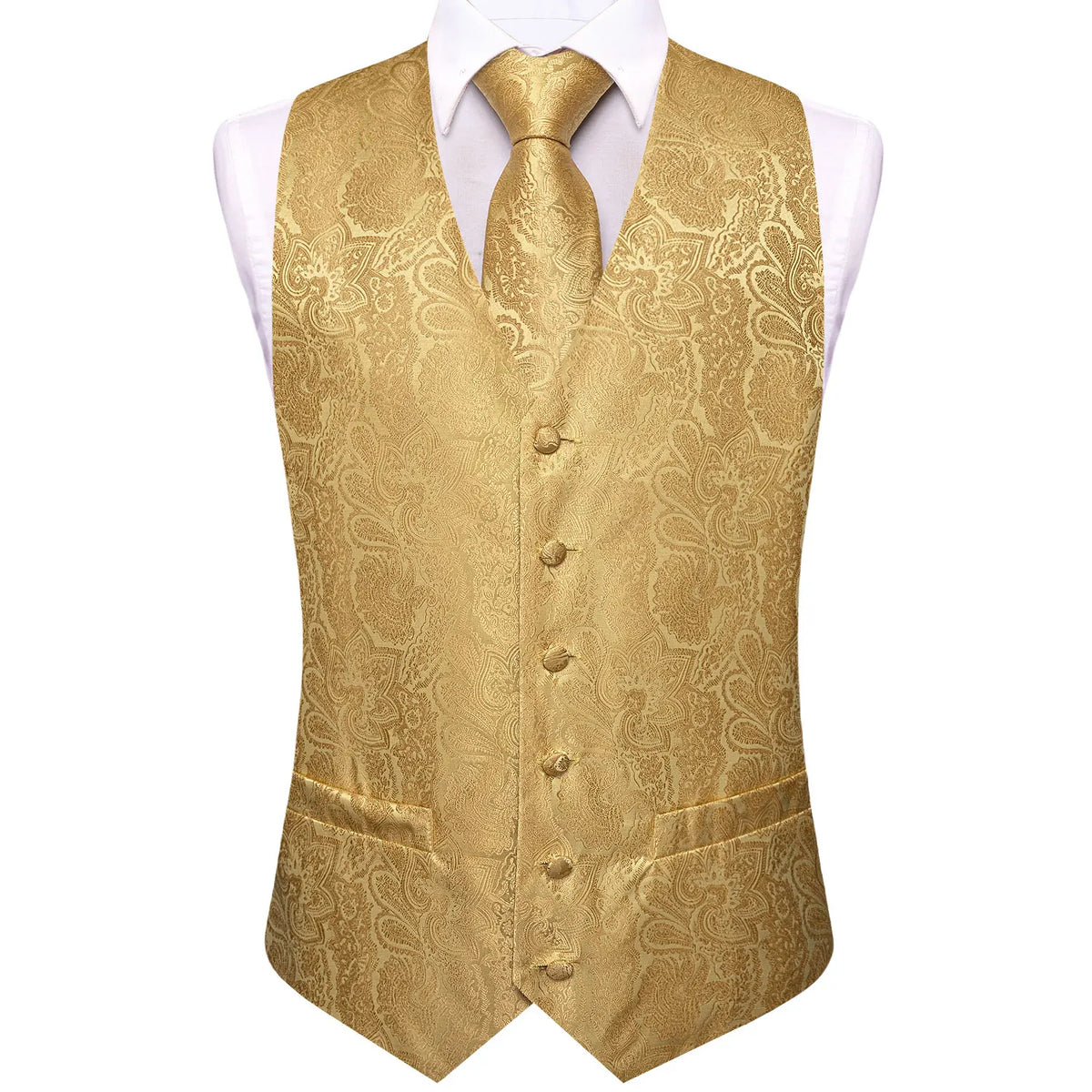 Men's Waistcoat 6-Piece Set – Gold Paisley Single Breasted Vest for Banquets & Formal Events